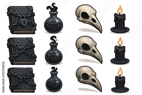 Mystical objects collection with locked books, potion bottles, crow skulls, black candles