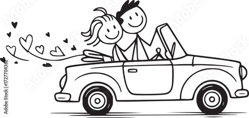 Love on Wheels: A charming illustration of a couple, joyfully riding in a classic convertible, with hearts trailing behind them, representing love, romance, and shared adventures.