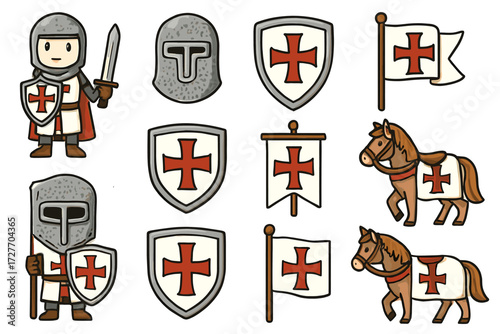 Medieval knight characters and symbols with swords, shields, helmets, and horses