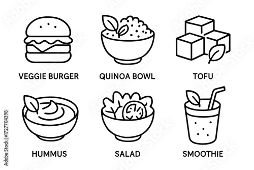Healthy vegan icons: veggie burger, quinoa bowl, tofu, hummus, salad, smoothie