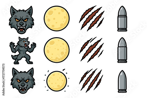 Cartoon werewolf faces: phases of the moon, claw marks, and silver bullets