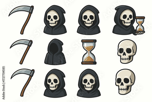 Set of grim reaper icons with scythe, skull, and hourglass