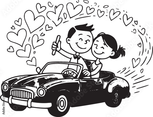 Love on Wheels: A happy couple drives into their future, surrounded by hearts and affection in a vintage car. This charming scene depicts love, joy, and the beginning of a shared journey.