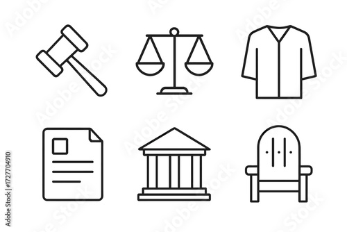 Legal symbols collection: gavel, scales, document, robe, courthouse, chair icons