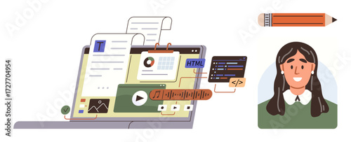 Laptop with open interface featuring documents, charts, code editor, media tools, and video player. Portrait of user and pencil suggests creative design and collaboration. Ideal for education