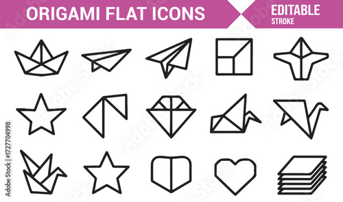 Origami outline icon collection for traditional Japanese craft and design