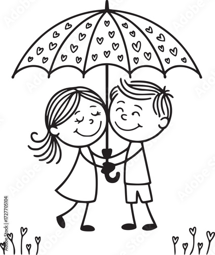 Endless Love: A heart-warming illustration portrays a loving couple sheltering together beneath a heart-patterned umbrella, their bond of togetherness shines. 