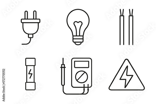 Electrical icons: plug, light bulb, wires, fuse, multimeter, warning sign