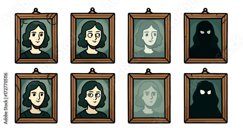 Transformation of female portraits in frames featuring ghostly shadows