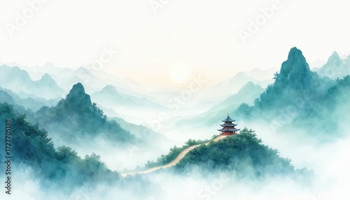Wallpaper Mural Watercolor landscape with pagoda on misty mountainside. Path winds through lush green trees towards traditional temple structure. Soft sun rises over hazy hills. Torontodigital.ca