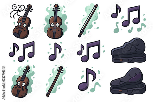 Cartoon violins and musical notes with expression and cases on white background