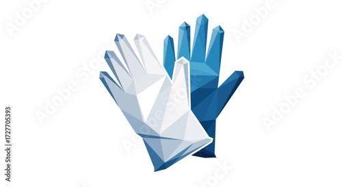 Two Geometric Origami-Style Gloves One White and One Blue.