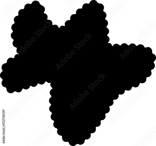 Abstract black shape with an organic, fluid appearance and soft, wavy edges, forming a dynamic contour.