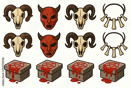 Collection of skulls, masks, and ritual elements with horns and pentagrams
