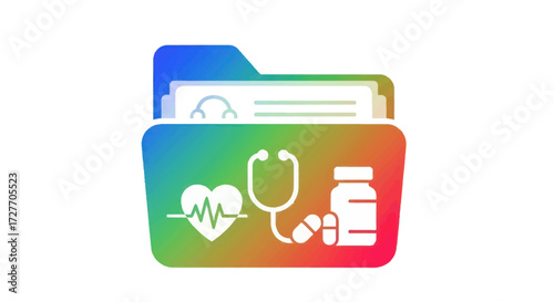 Colorful Medical Records Folder with Heartbeat Stethoscope and Pills Icon.