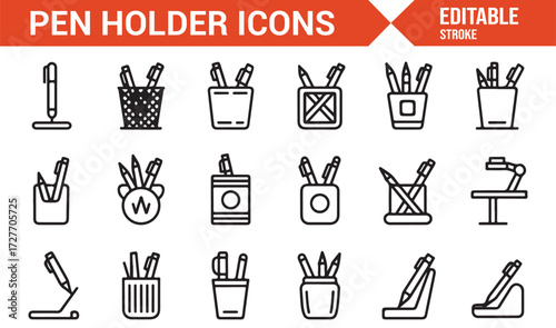 Outline symbol set of pen holders for office, school, and workplace designOutline symbol set of pen holders for office, school, and workplace design