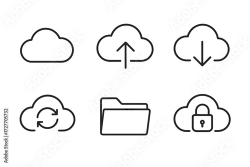 Cloud computing icons for upload, download, sync, file management, and security