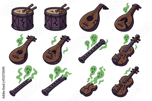 Cartoon haunted musical instruments with spooky green ghosts