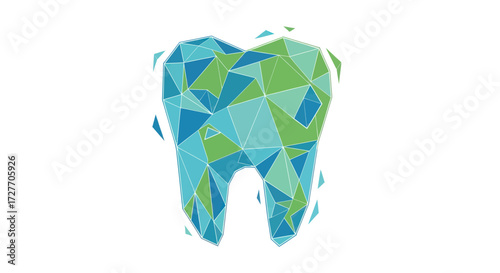 Geometric Tooth Illustration with Blue and Green Mosaic Design.