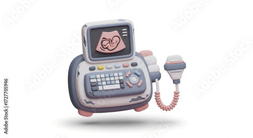 Cartoon Ultrasound Machine Displaying Fetus Image for Medical Diagnosis.
