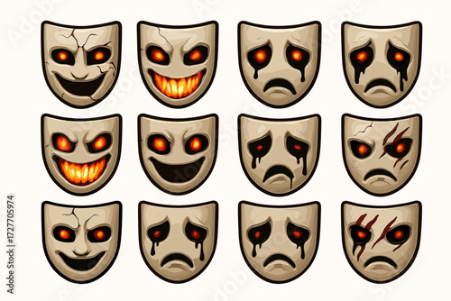 Set of twelve expressive theatrical masks with varying emotions and intense features