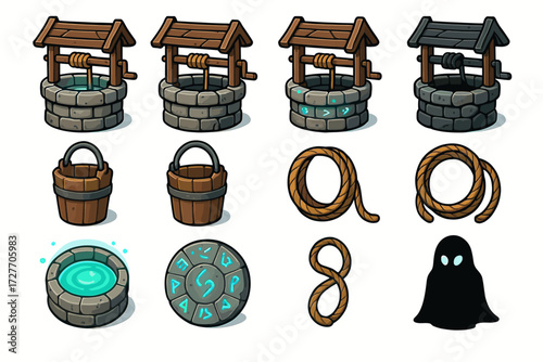 Various cartoon wells with rope buckets and magical elements illustration