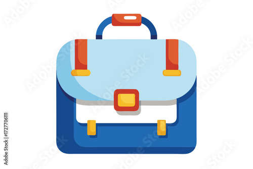Light blue and dark blue satchel with a red handle sits isolated on white
