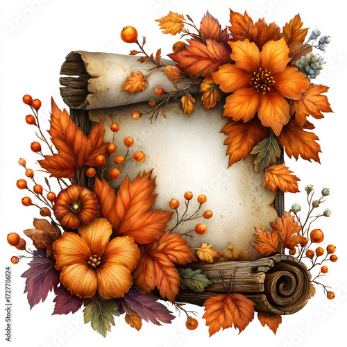 Vintage autumn scroll frame vector illustration with decorative orange flowers, fall leaves, seasonal berries, rustic paper texture, and elegant botanical border for harvest design