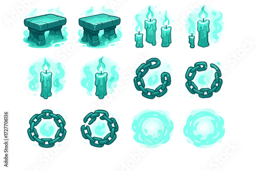 Glowing stone benches, candles, chains, and magic portals with ethereal light
