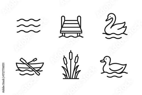 Minimalist icons of lake scenery with ducks, boat, and pier