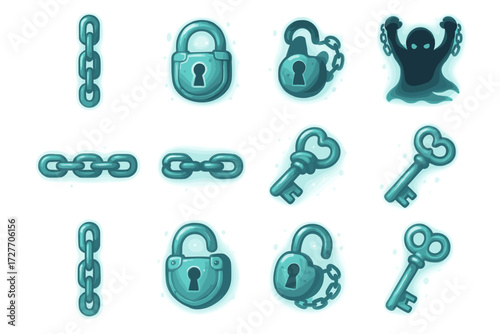 Cartoon ghost with chains and locks: spooky halloween icons