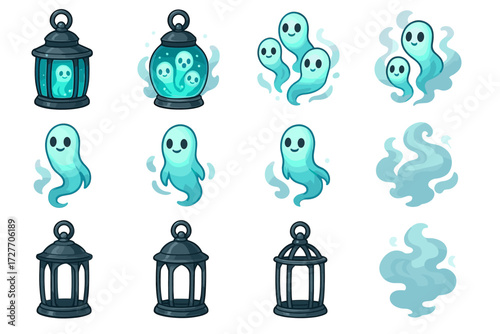 Cute cartoon ghosts and lanterns collection with blue spirits