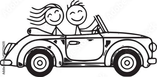 Road Trip Delight: A cheerful couple, depicted with simplistic lines and smiles, embark on a joyous road trip in their classic convertible car.