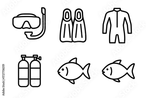 Diving equipment icons: snorkel, fins, suit, tanks, fish illustrations