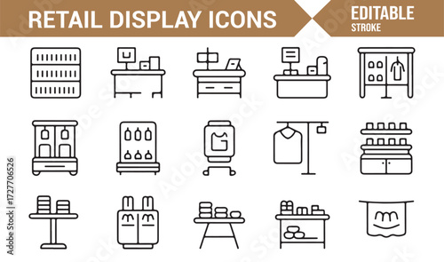 Retail showcase and product display icons in editable black line style