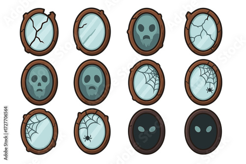 Set of haunted mirrors with cracks, faces, cobwebs, and spider designs