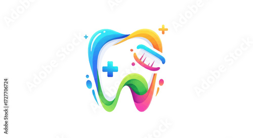 Vibrant Tooth with Toothbrush and Sparkles Dental Care Icon.