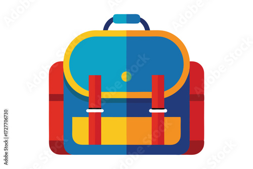 Multicolored satchel with red side panels and a yellow fastener sits against a white background