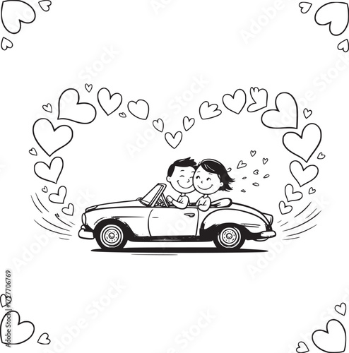 Love on the Road: A heartwarming monochrome illustration captures a couple's romantic journey in a classic convertible, surrounded by a cascade of hearts, symbolizing love and togetherness. 