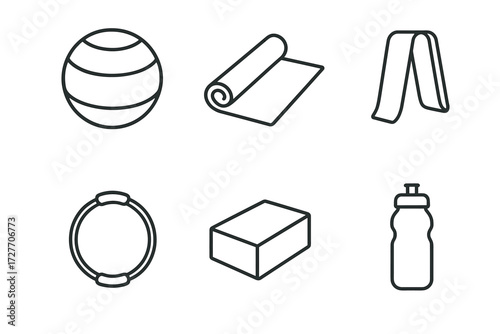Yoga and fitness gear icons: ball, mat, strap, wheel, block, bottle
