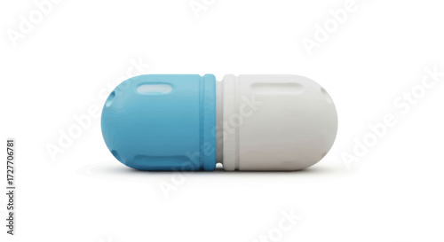 Blue and White Pharmaceutical Capsule on White Background.