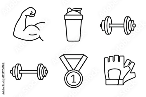 Fitness icons: arm, dumbbells, shaker, medal, gloves in black and white line art