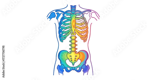 Colorful Human Torso Skeleton Illustration with Rib Cage and Pelvis.