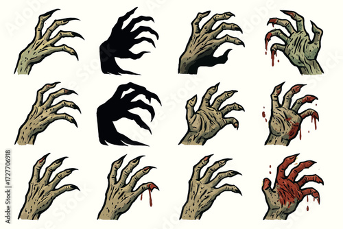 Creepy zombie hands with claws in various poses and blood drips