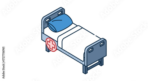 Isometric Hospital Bed with Blue Pillow and Red Wheel Symbol.