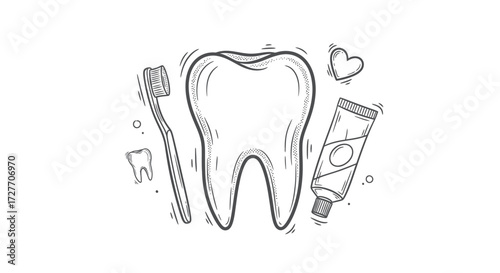 Hand-drawn tooth toothbrush and toothpaste tube illustration for dental care.