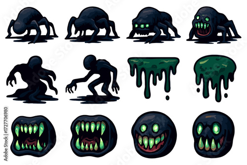 Creepy crawling creatures with glowing eyes and teeth