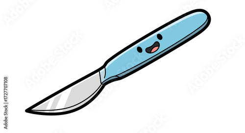 Cute cartoon scalpel with a smiling face on a blue handle.