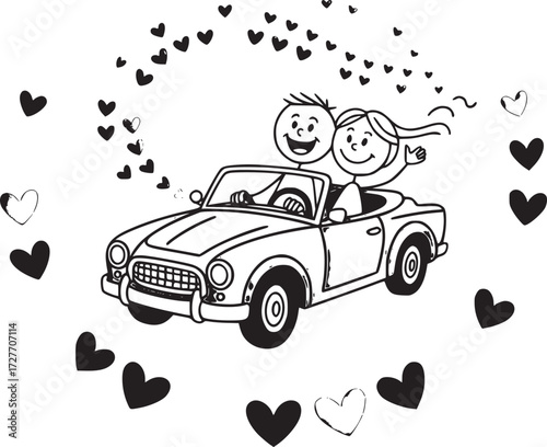 Romantic Getaway: A hand-drawn image of a couple in a convertible car, joyfully driving through a cascade of hearts, symbolizing love, joy, and the beginning of a beautiful journey.