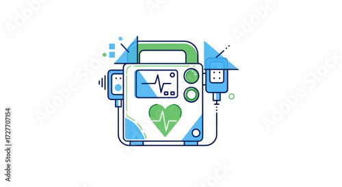 Automated External Defibrillator AED with Heart Rhythm Display and Green Heart Symbol.